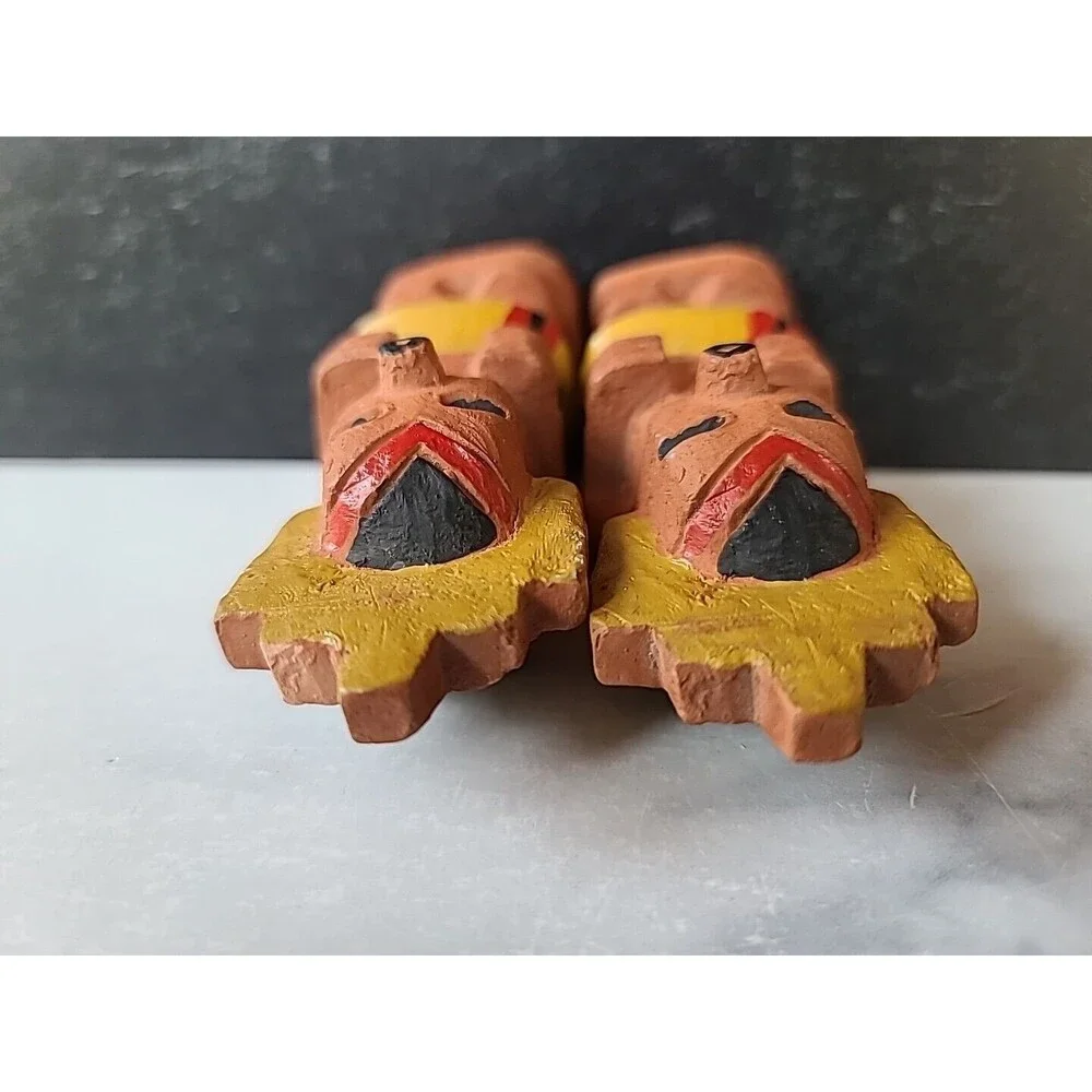 Vintage Clay Totem Style Salt And Pepper Shakers, READ